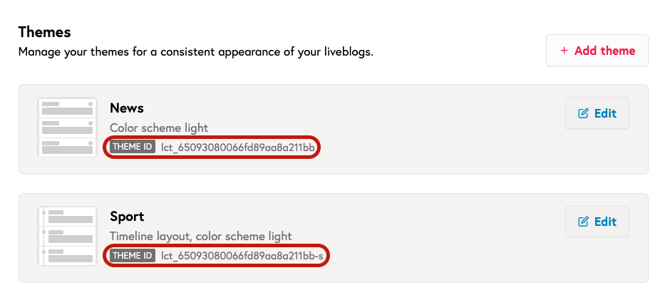 Theme ID badge in Pro → Settings → Integration → Themes → Edit themes